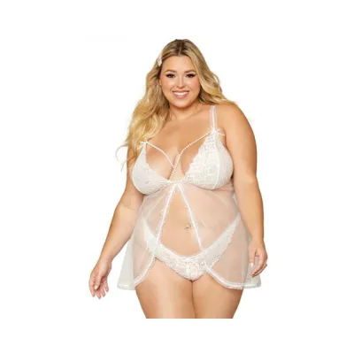 Women s Lingerie Dreamgirl Lace Mesh Babydoll With Pearl Accents Lace Pearl G string White Queen Size