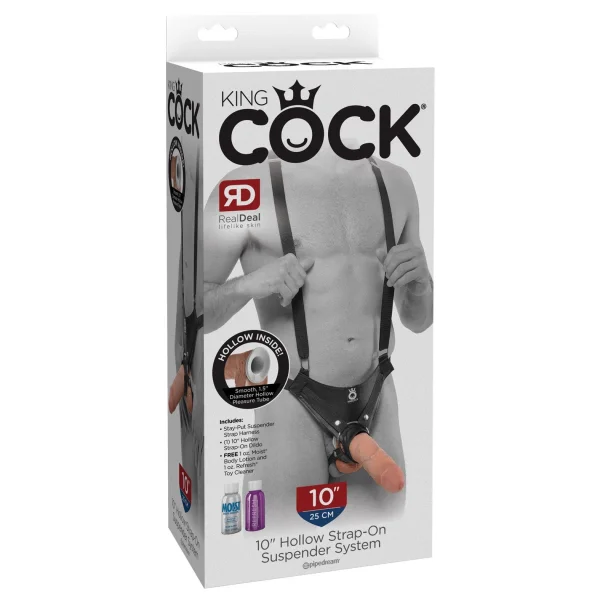 King Cock 10" Hollow Strap On Suspender System - Flesh