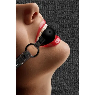 Breathable Ball Gag With Roughend Denim Straps Black