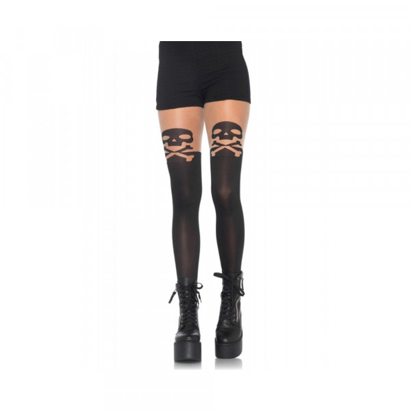 Skull, Crossbone Opaque Pantyhose Thigh Accent O/S Black
