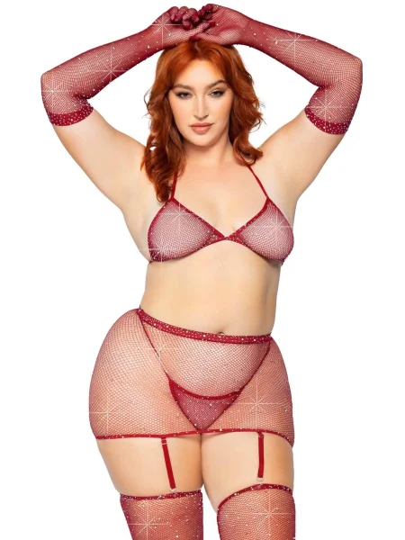 5 Pc Rhinestone Bikini Top G-String Garter Skirt,  Gloves and Stockings - One Size - Burgundy