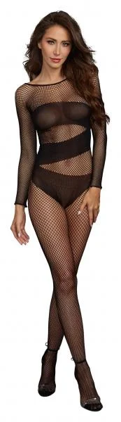 Fishnet Long Sleeves Bodystocking Boat Neck Black O/S