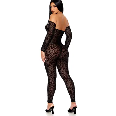 Forplay Spot On Velvet Long Sleeve Leopard Print Jumpsuit