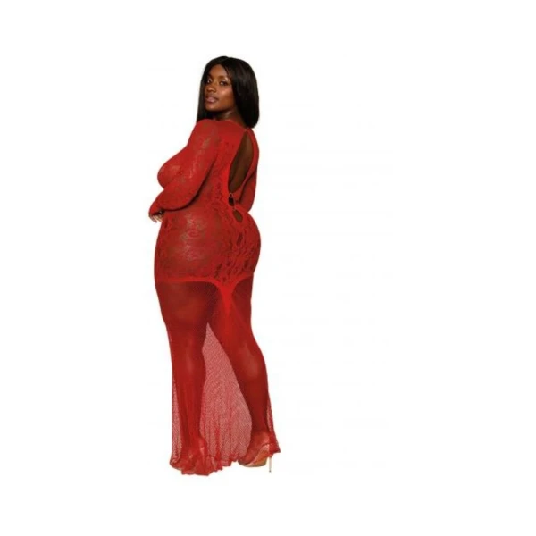 Women's Lingerie: Dreamgirl Floral Lace Pattern Bodystocking Gown Ruby Queen Size