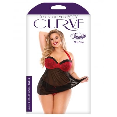 Curve Sophia Sheer Mesh and Lace Halter Babydoll with Panty