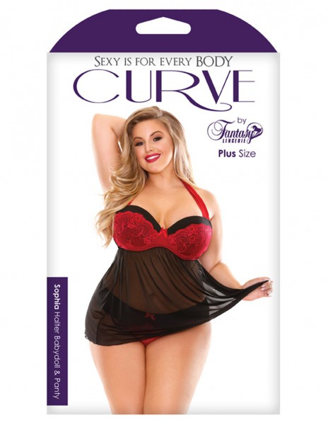 Curve Sophia Sheer Mesh and Lace Halter Babydoll with Panty