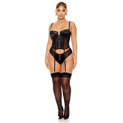 Hooked On You 2 Piece Black Bustier Set with Garters Panty By Forplay