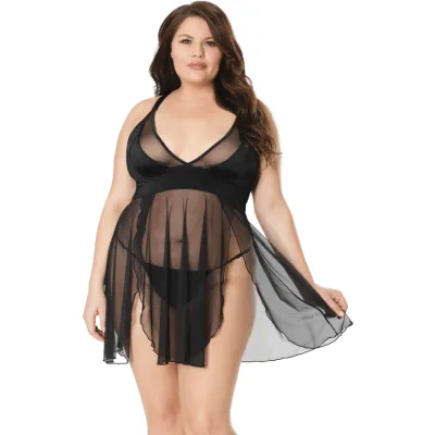 Plus Size Black Mesh Babydoll With Adjustable G String