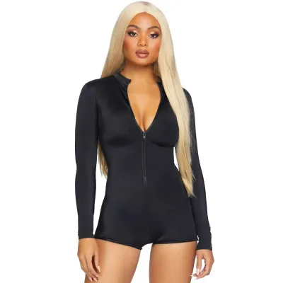 Zipper Front Long Sleeved Matte Romper Medium Black