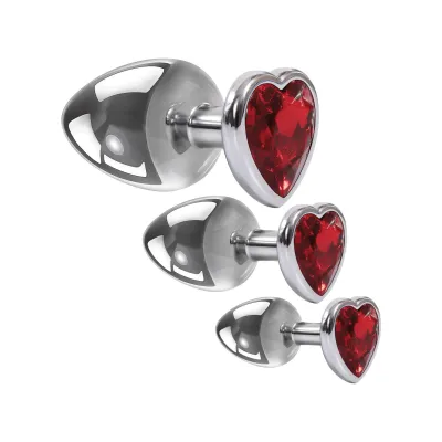 Adam Eve Three Hearts Gem Anal Plug Set Silver Red