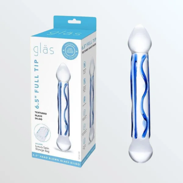 Gläs Full Tip Textured Glass Dildo - Clear & Blue
