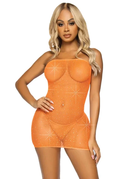Rhinestone Fishnet Convertible Tube Dress - One Size - Orange