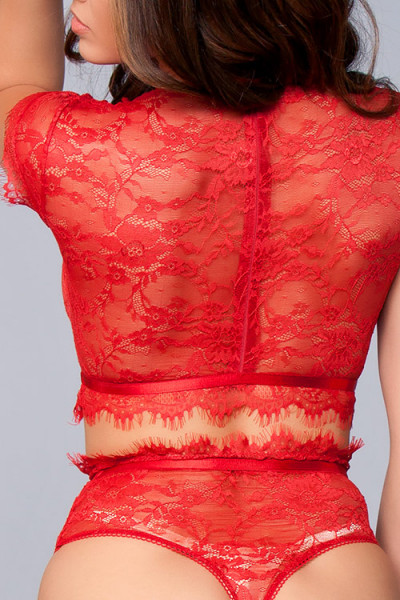 Kayla Red Eyelash Lace Crop Top with Thong By Be Wicked