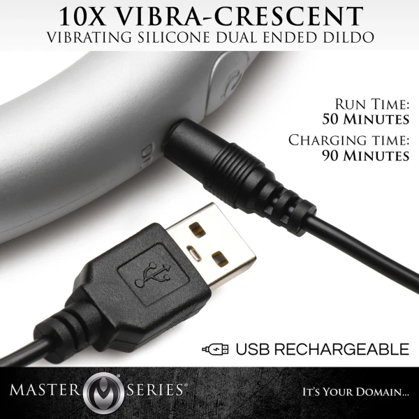 Master Series Vibra-Crescent Rechargeable Silicone Vibrating Dual Ended Dildo - Silver