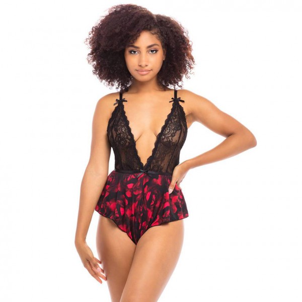 Oh La La Cheri Black Lace Rose Print Teddy