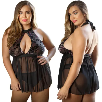 Curve Willow Floral Burnout Babydoll Panty by Fantasy Lingerie 3X 4X