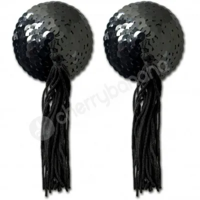 Peekaboo Premium Black Sequin Nipple Pasties With Tassel 1 Pair