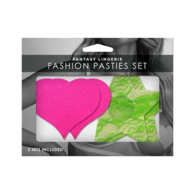 Neon Pasties 2 pack Neon Pink Solid Heart Neon Green Lace Star