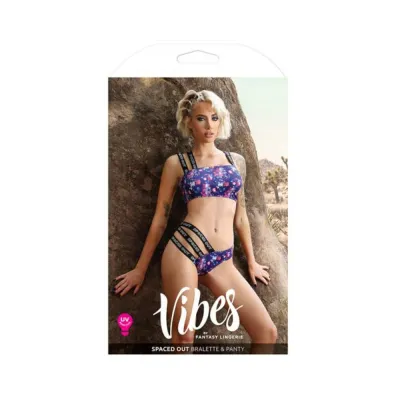 Women s Lingerie Fantasy Lingerie Vibes Spaced Out Uv Reactive Print Asymmetrical Bralette Multi Strap Panty Indigo