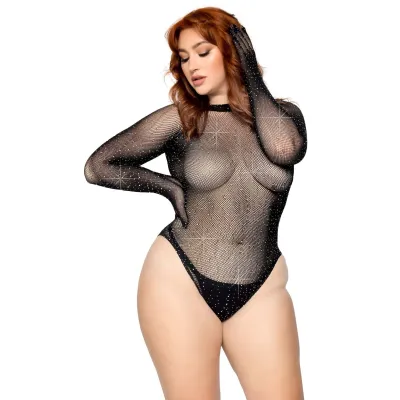 Rhinestone Snap Crotch Gloved Bodysuit 1x 2x Black