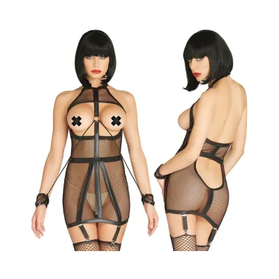Wet Look Fishnet Open Cup Bondage Garter Dress With O ring Attached Restraint Cuffs Sml med Black