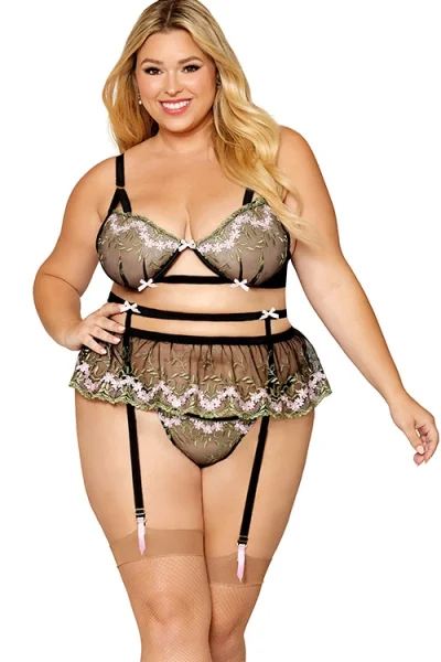 Dreamgirl Blossom - 3 Piece Bra Set with Garter Belt