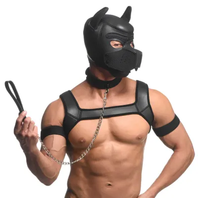 Full Pup Arsenal Set Neoprene Puppy Hood Chest Harness Collar With Leash and Arm Band Black