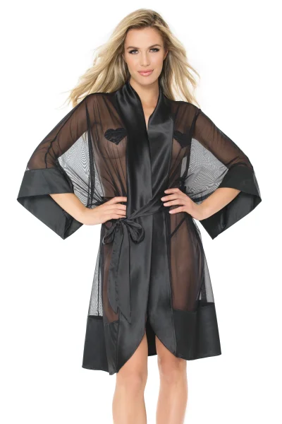 Plus Size Black Satin & Stretch Mesh Kimono — image 5 of 12