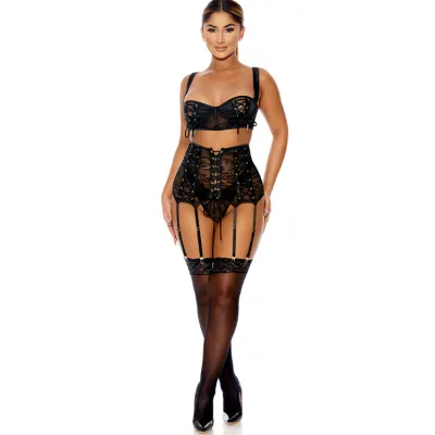 Forplay Lovebound Black Lace Bra Set with Garters