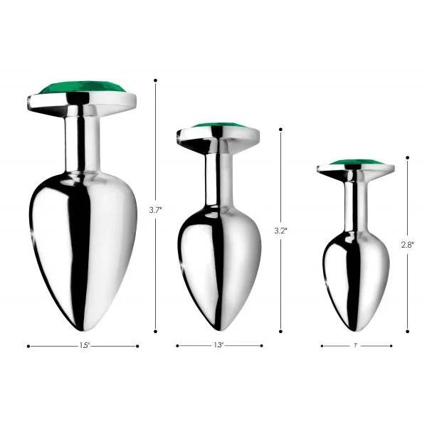 Emerald Gem Anal Plug Set 3 Silver Plugs with Green End