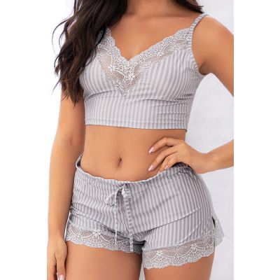 Mapale by Espiral True Stripes Cropped Camisole with Lace Trim Short