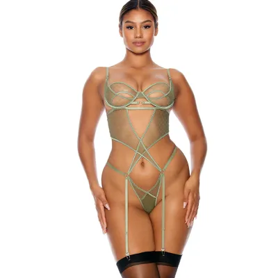 Forplay Mesh Together Sage Green Teddy with Attached Garters