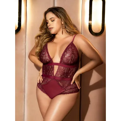 Mapale Plus Size Wine Lace Plunge Heart Cut Out Bow Detail Teddy