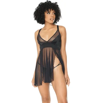 Black Mesh Babydoll With Adjustable G String