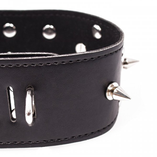 Torment Black Leather Spiked Collar With Leash