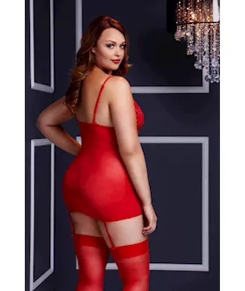 Leopard Basque With Garter Stays  - Red - One Size Queen