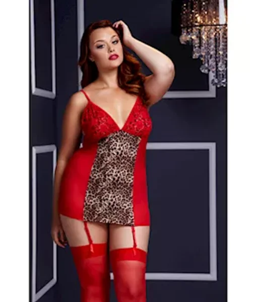 Leopard Basque With Garter Stays  - Red - One Size Queen
