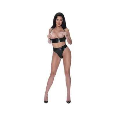 Women s Lingerie Magic Silk Hard Candy Underbust Harness High Leg Split Crotch Thong Black S m