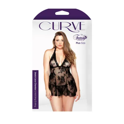 Curve Claudia Stretch Lace Babydoll Matching G String 1x 2x Black