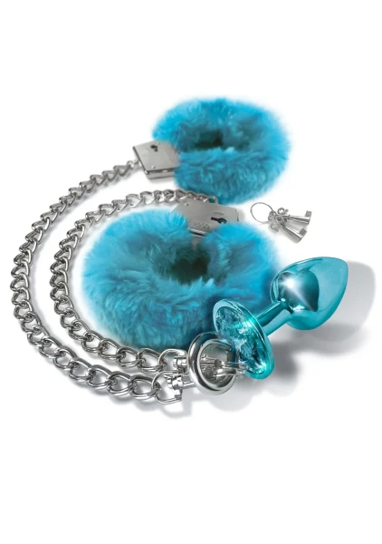 Nixie Metal Butt Plug and Furry Handcuff Set Blue