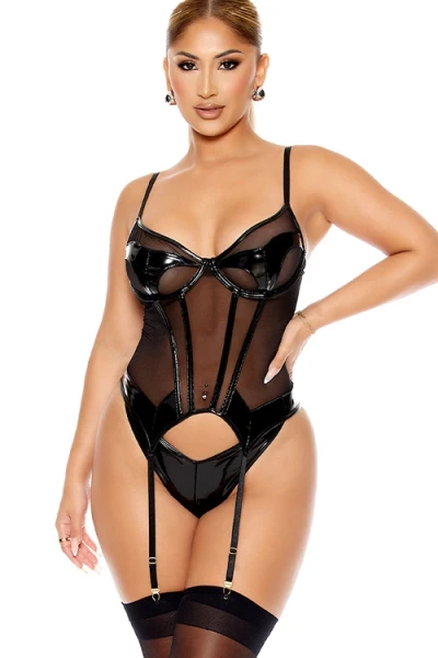 Forplay Opposites Attract 2 Piece Mesh & Vinyl Bustier Set with Matching Panty & Attached Garters