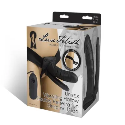 Unisex Vibrating Hollow Double Penetration Strap On Dildo Black