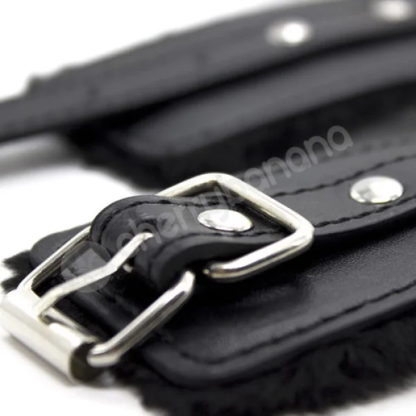 Cherry Banana Dare Black Faux Leather Fluffy Ankle Cuffs