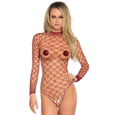 High Neck Fence Net Long Sleeved Bodysuit One Size Burgundy