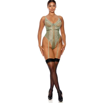 Forplay Star Crossed Sage Green Mesh Teddy with Waist Belt Attached Garters