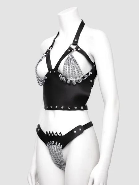 DOMINIX Deluxe Leather and Chain Harness Bra Set