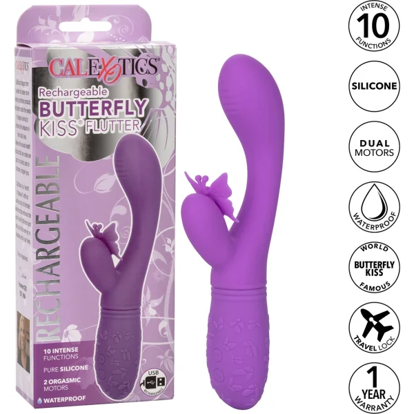 Rechargeable Butterfly Kiss Silicone Flutter Dual Stimulation Vibrator By CalExotics - Purple