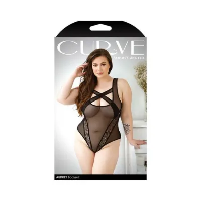 Fantasy Lingerie Curve Audrey Criss Cross Mesh Bodysuit With Lace Panel Detail And Snap Closure