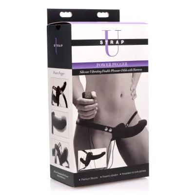 Power Pegger Silicone Vibrating Double Dildo With Harness Black