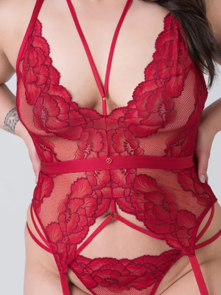Lovehoney Plus Size Tiger Lily Red Floral Lace Bustier Set